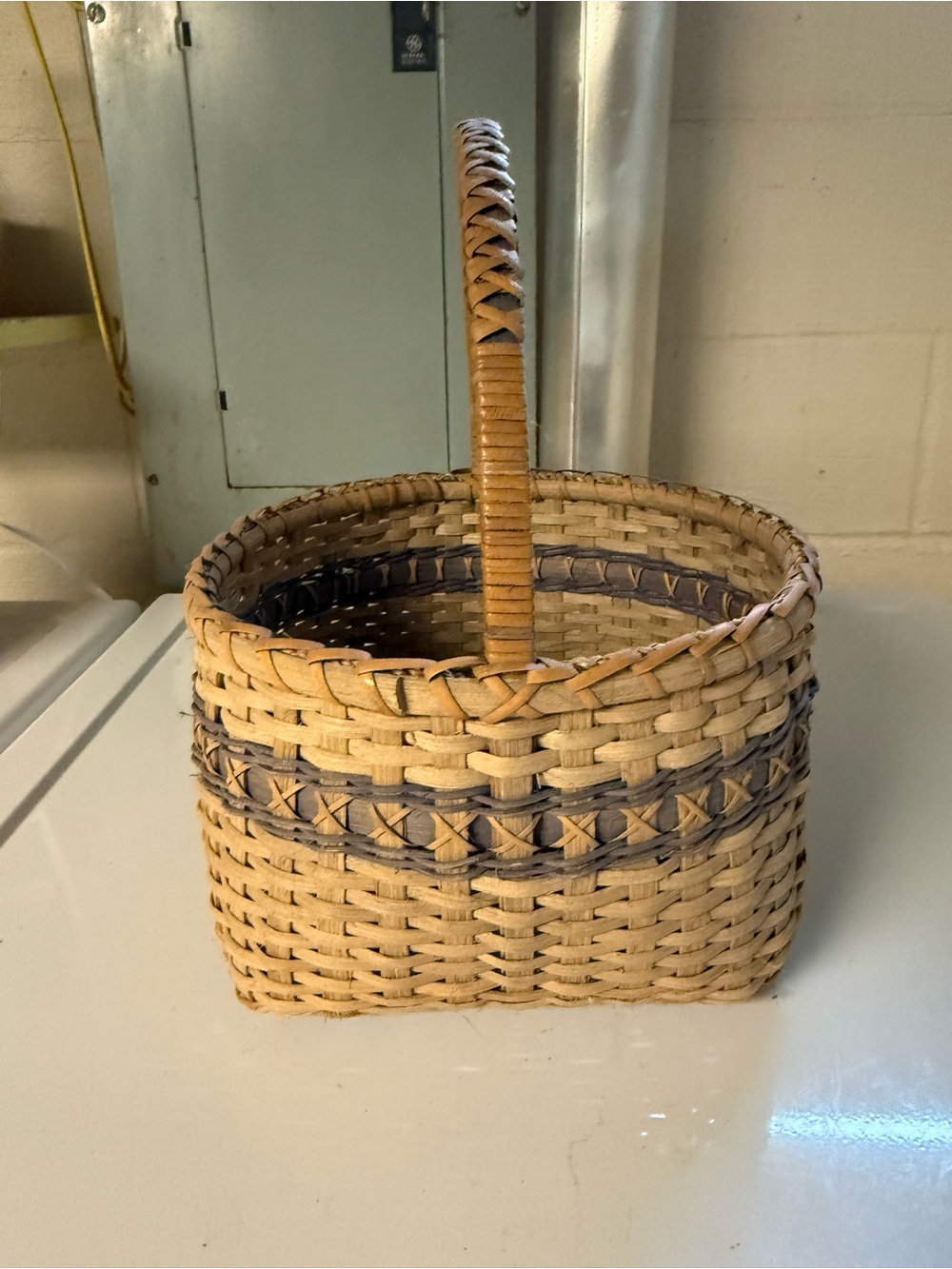 Vintage Hand Woven Basket with Blue Accents Rustic Country Farmhouse